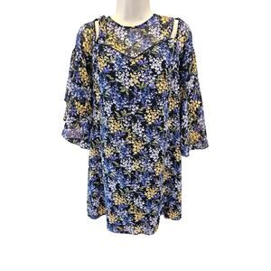 Cynthia Steffe Blue Yellow Floral Cold Shoulder Bell Sleeve ruffle dress size 0